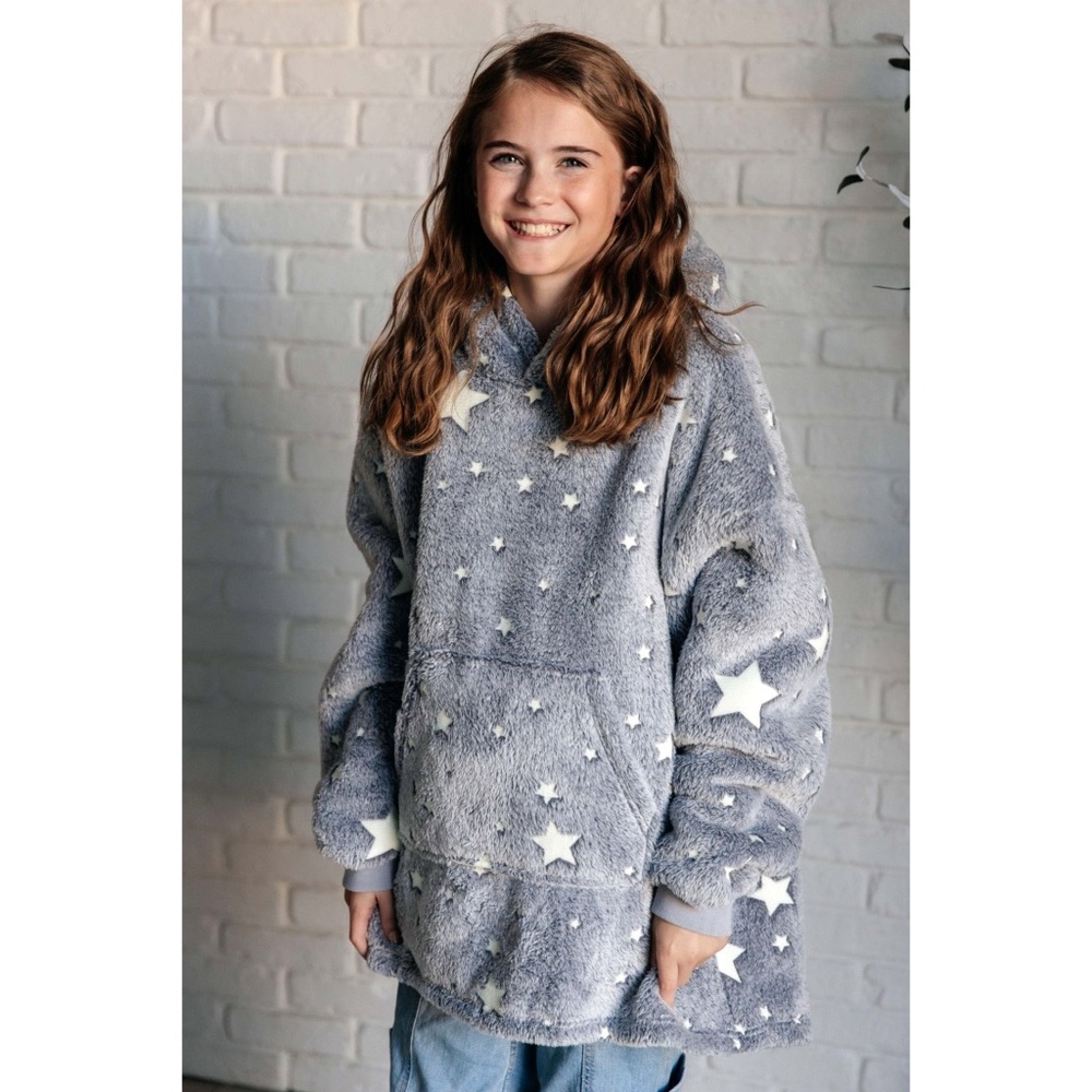 Three Poodle Oversized Hoodie Blanket in Grey & White Glow in the Dark Stars